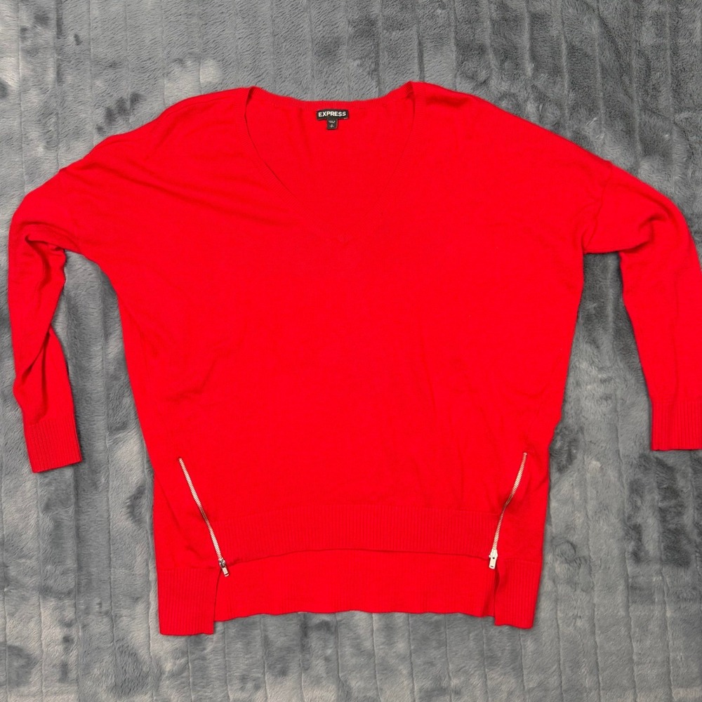 Express Womens Red V-Neck Zipper Side Hem Oversized Cotton Blend Sweater Small